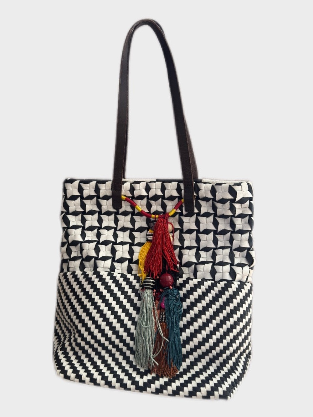 Maliparmi Woven Leather Tassel Tote Bag Black White